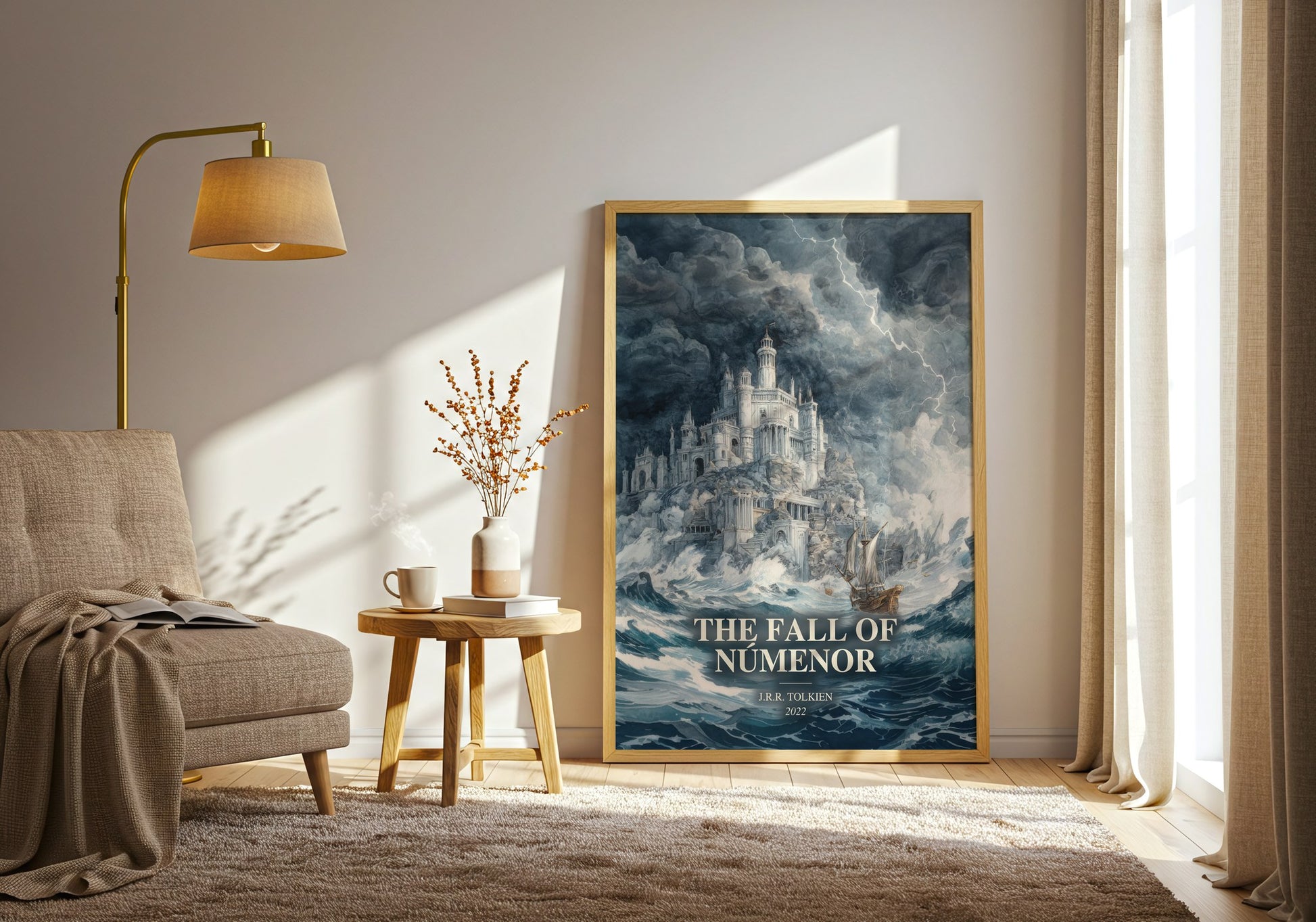 The Fall Of Númenor watercolour print in frame leaning in hallway – fantasy wall art