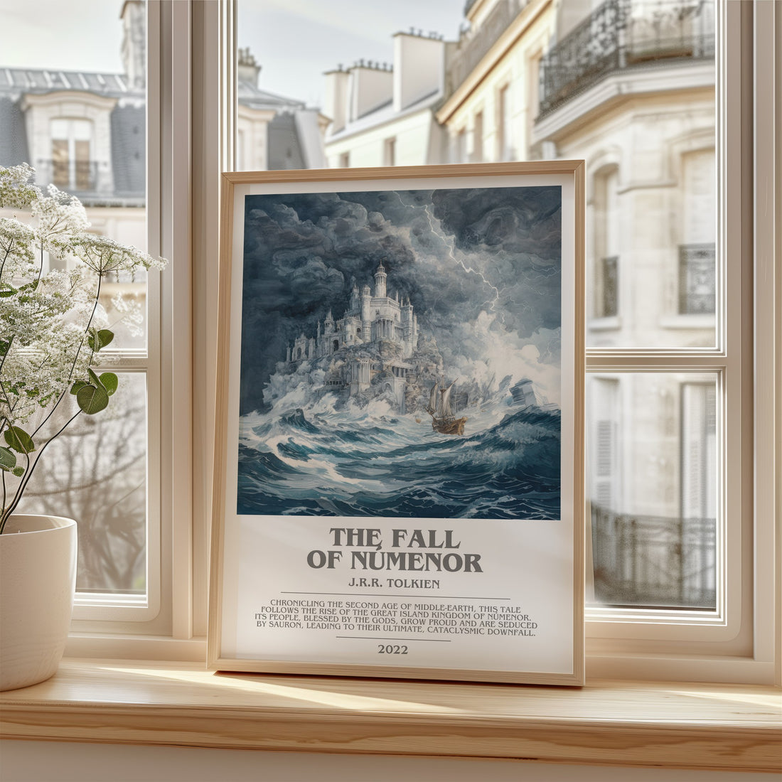 The Fall Of Númenor Bookish Wall Art by J.R.R. Tolkien – framed print by a bright window