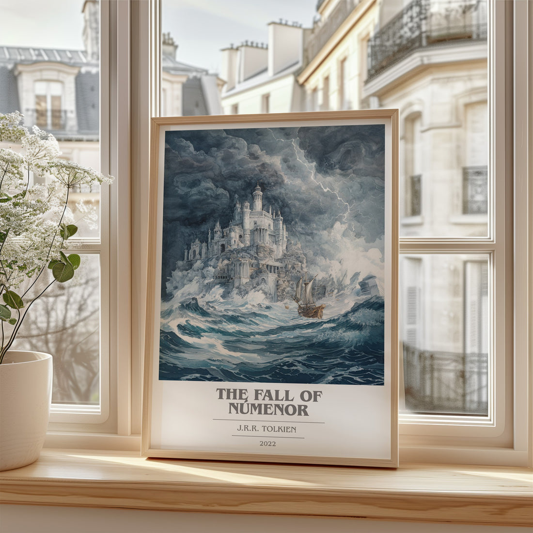 The Fall Of Númenor Book Cover Poster by J.R.R. Tolkien – framed print by a bright window