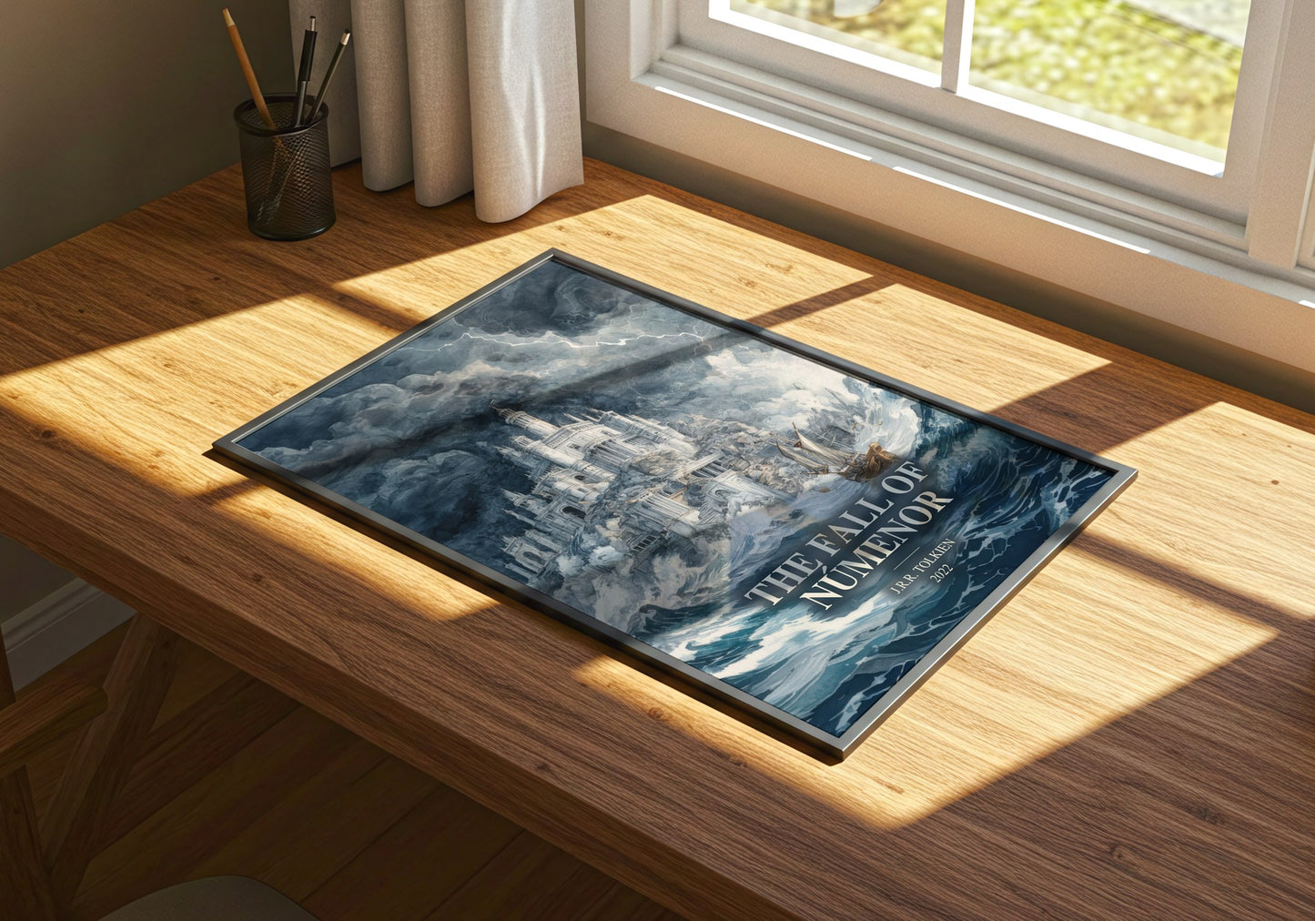 The Fall Of Númenor watercolour book poster framed on wall – fantasy wall art
