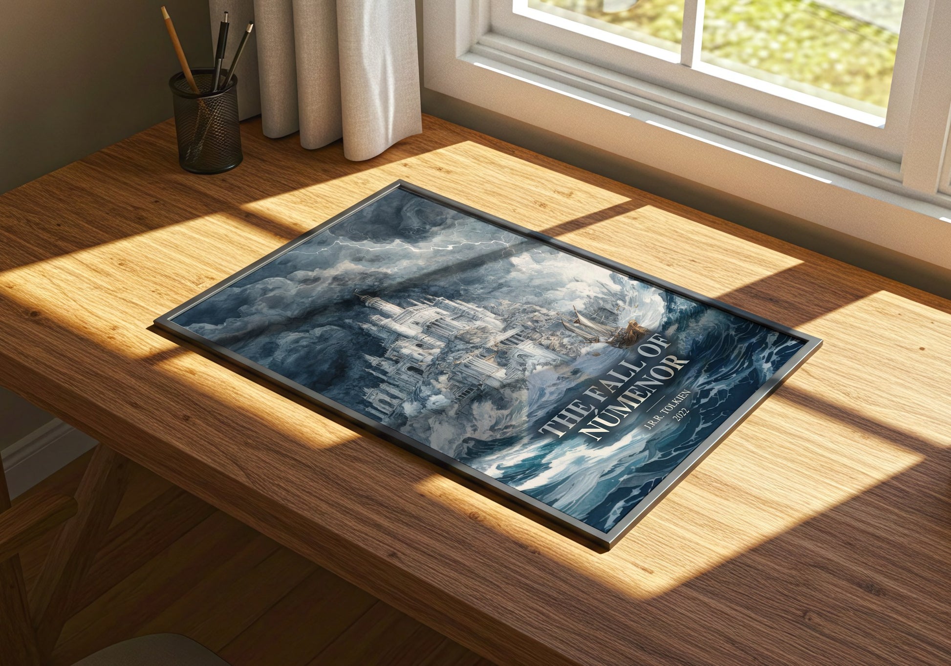 The Fall Of Númenor watercolour book poster framed on wall – fantasy wall art