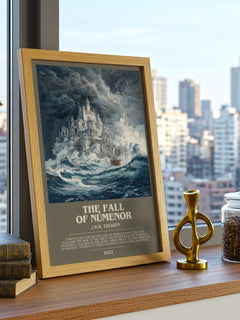 The Fall Of Númenor Bookish Wall Art by J.R.R. Tolkien – framed print on a city-view windowsill