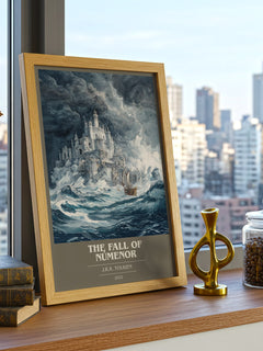 The Fall Of Númenor Book Cover Poster by J.R.R. Tolkien – framed print on a city-view windowsill
