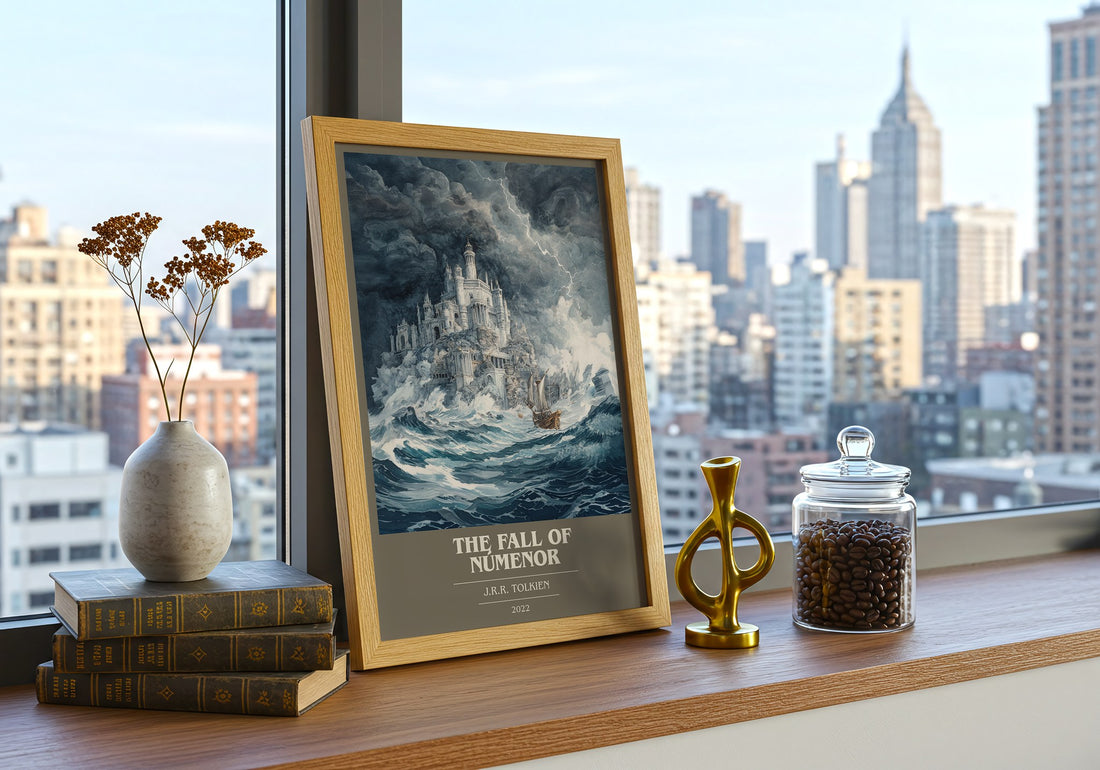The Fall Of Númenor Book Cover Poster by J.R.R. Tolkien – framed print on a city-view windowsill