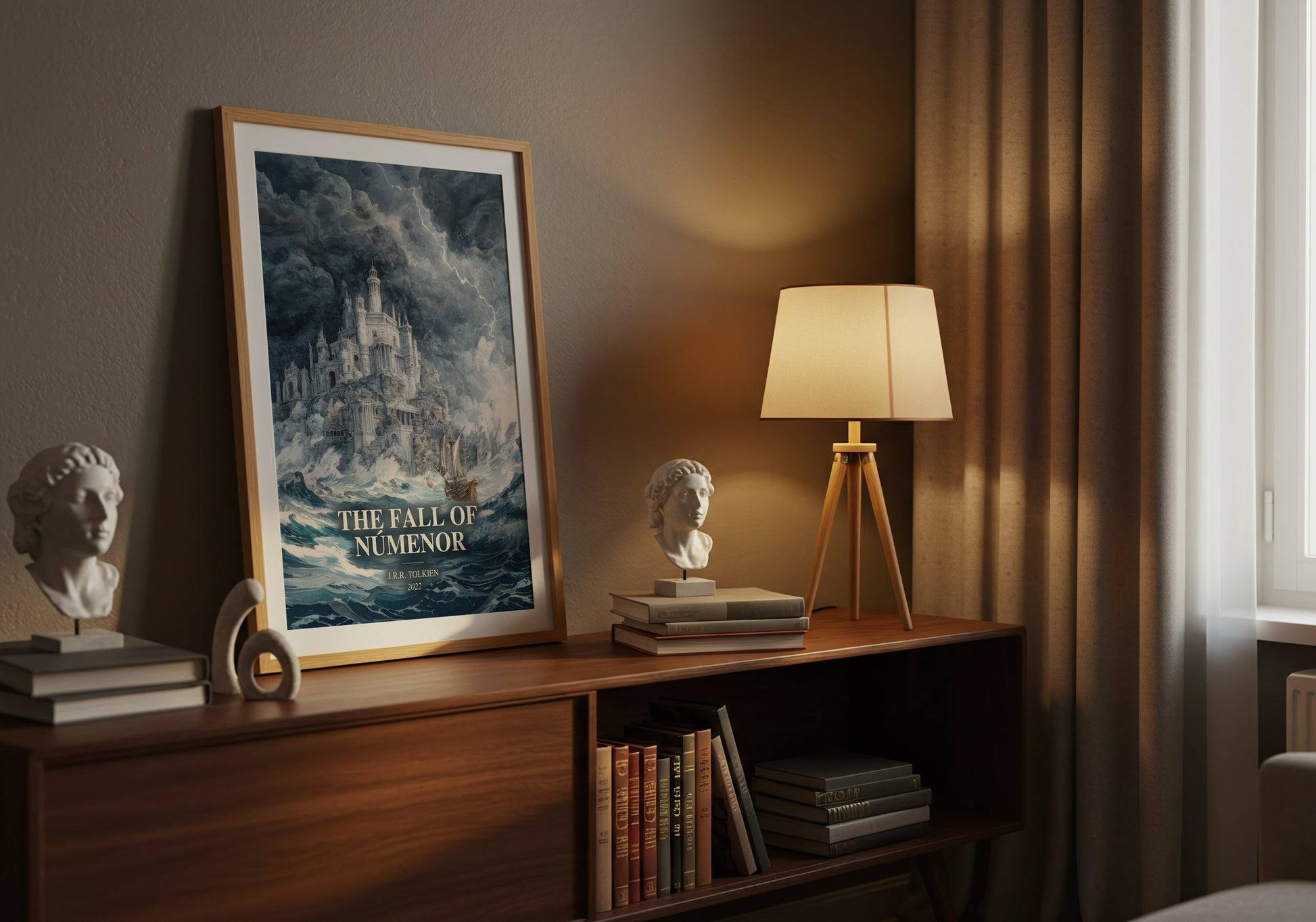 The Fall Of Númenor watercolour print on bookshelf – J.R.R. Tolkien fan gift