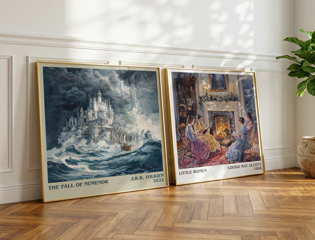 The Fall Of Númenor Literary Art Print by J.R.R. Tolkien – large square framed print leaning against a wall