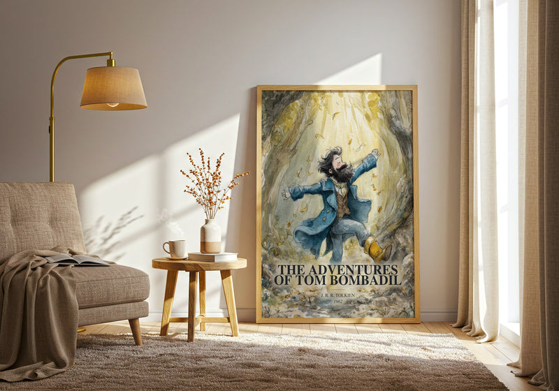 The Adventures Of Tom Bombadil watercolour print in frame leaning in hallway – poetry wall art