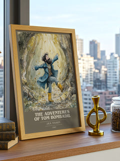 The Adventures of Tom Bombadil Book Cover Poster by J. R. R. Tolkien – framed print on a city-view windowsill