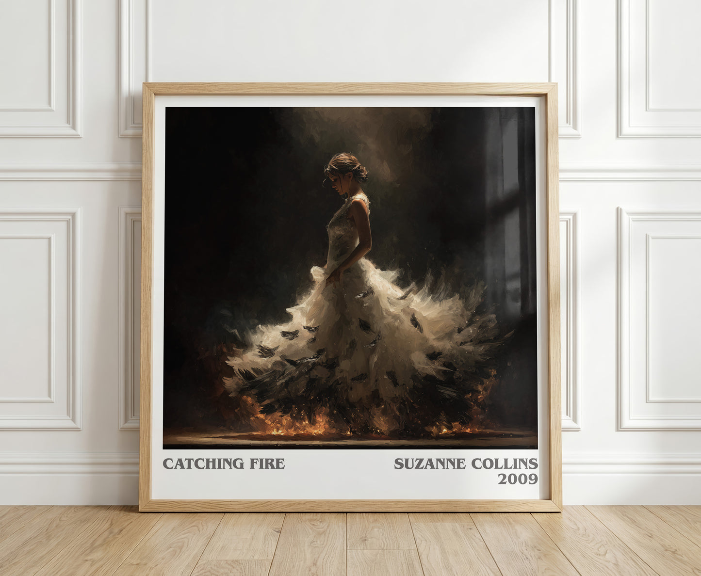 Catching Fire literary print in frame leaning in hallway – poetry wall art