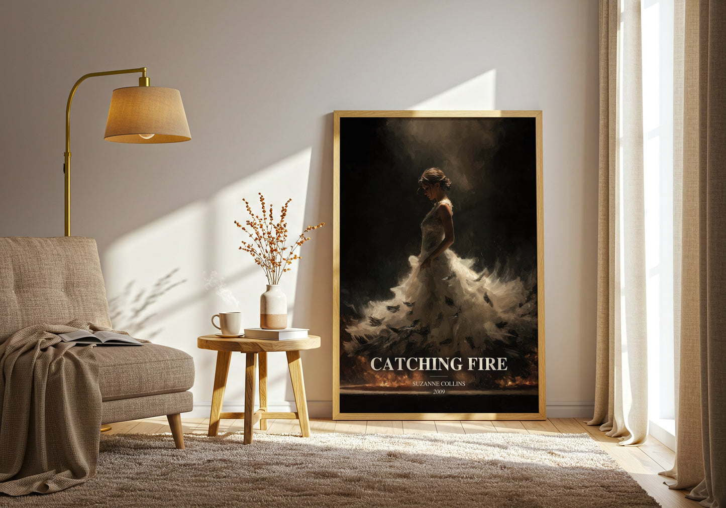Catching Fire watercolour print in frame leaning in hallway – dystopian wall art