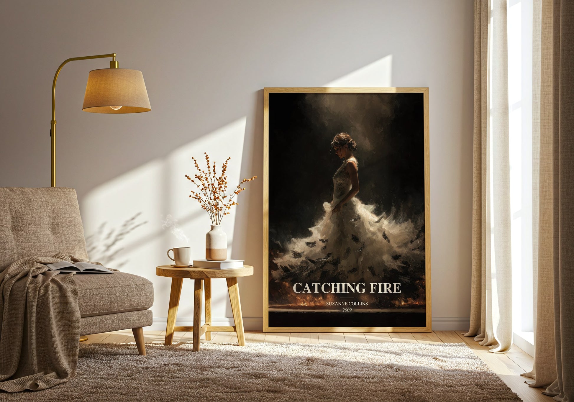 Catching Fire watercolour print in frame leaning in hallway – dystopian wall art
