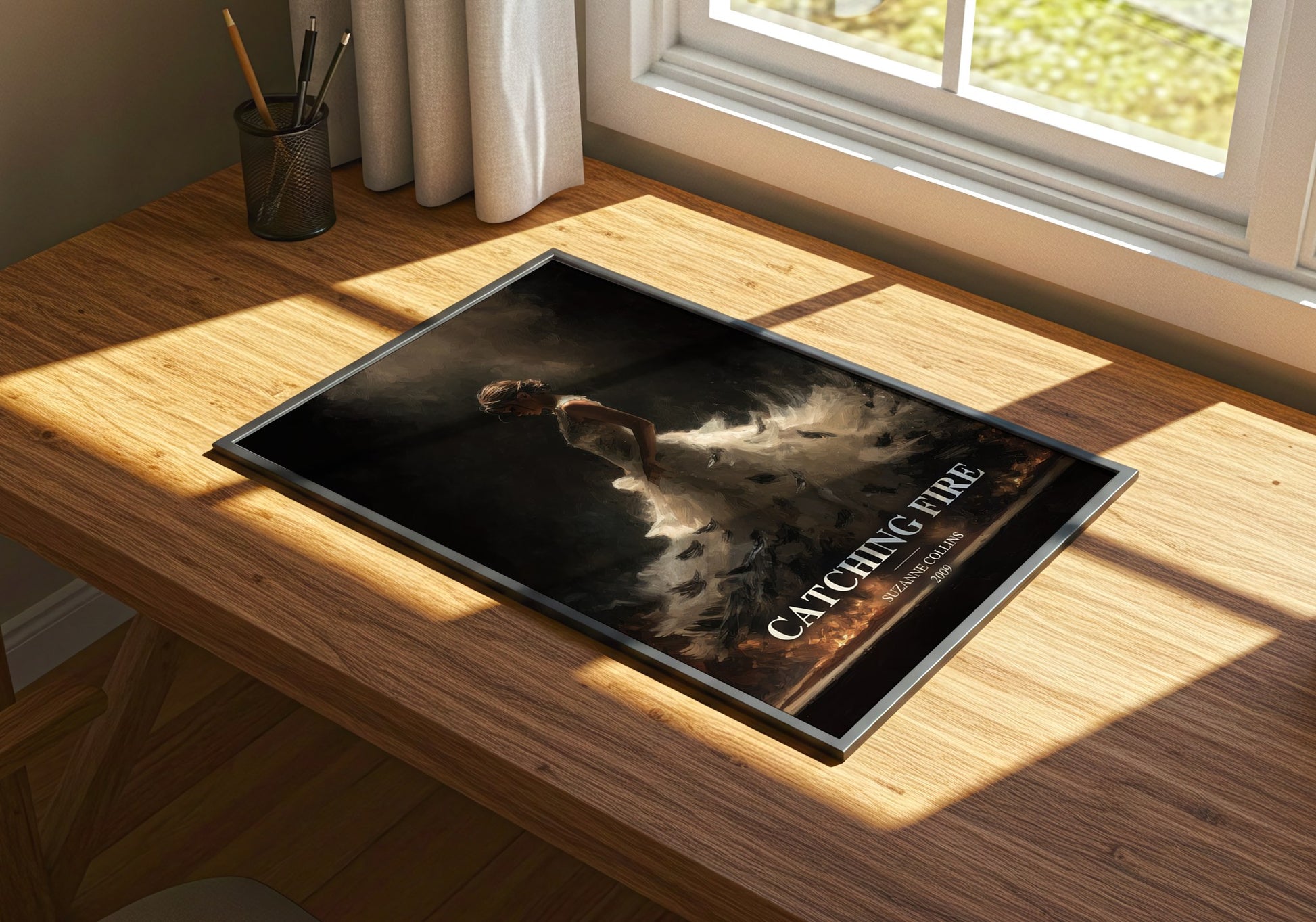 Catching Fire watercolour book poster framed on wall – dystopian wall art