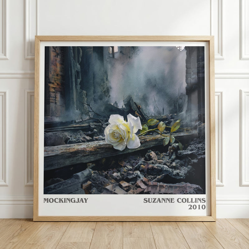 Mockingjay literary print in frame leaning in hallway – dystopian wall art