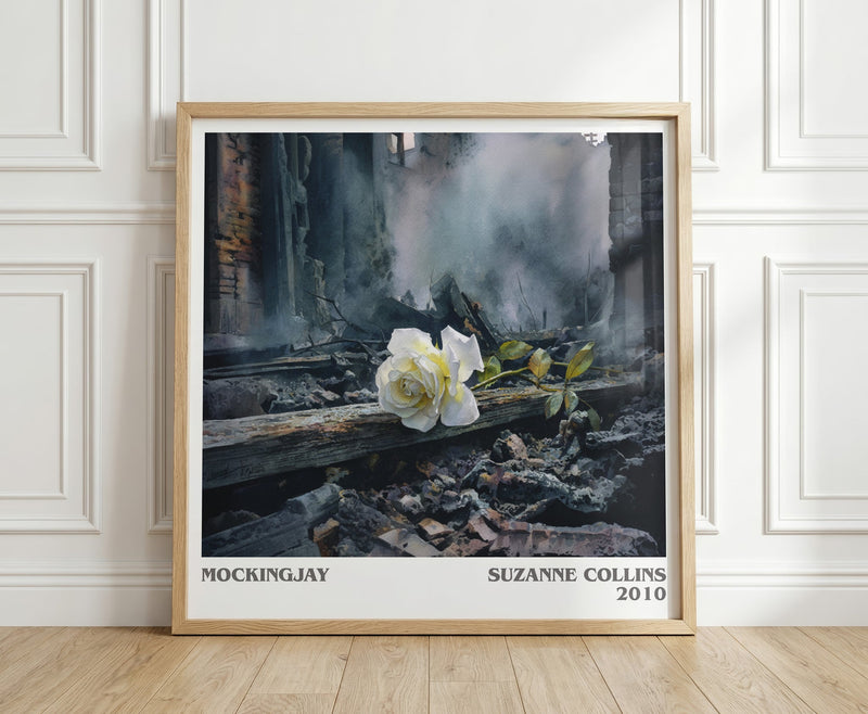 Mockingjay literary print in frame leaning in hallway – dystopian wall art