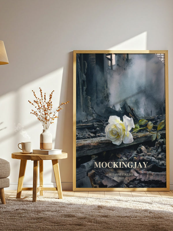 Mockingjay watercolour print in frame leaning in hallway – young adult wall art