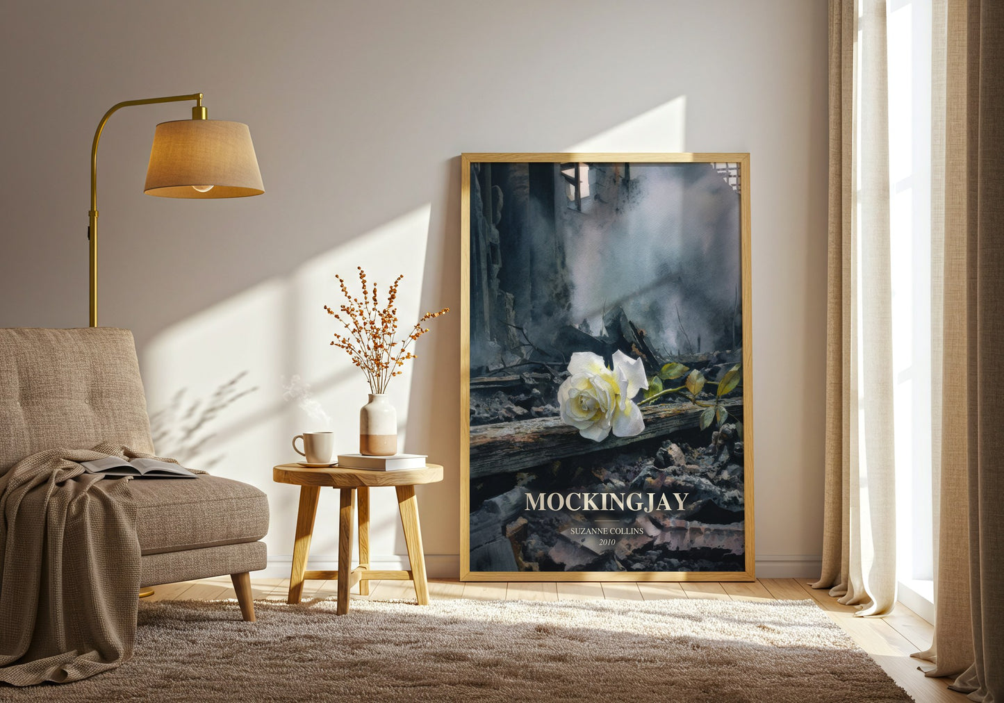Mockingjay watercolour print in frame leaning in hallway – young adult wall art