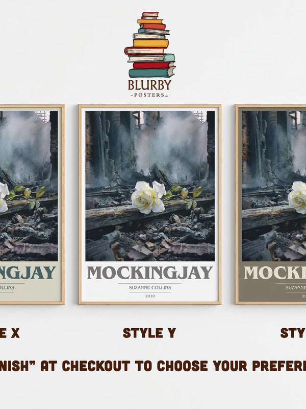Mockingjay book cover print in frame leaning in hallway – dystopian wall art