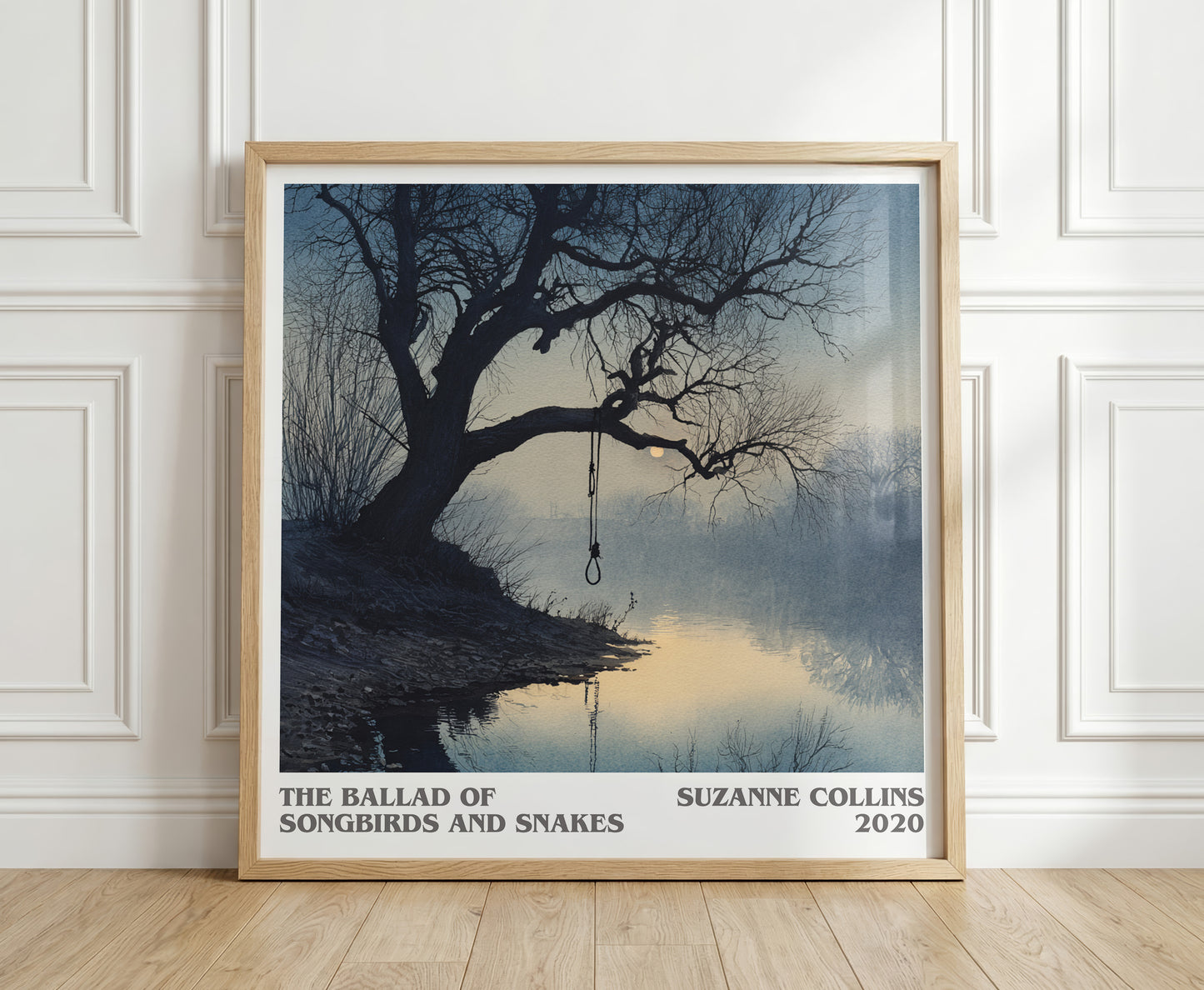 The Ballad of Songbirds and Snakes literary print in frame leaning in hallway – dystopian wall art