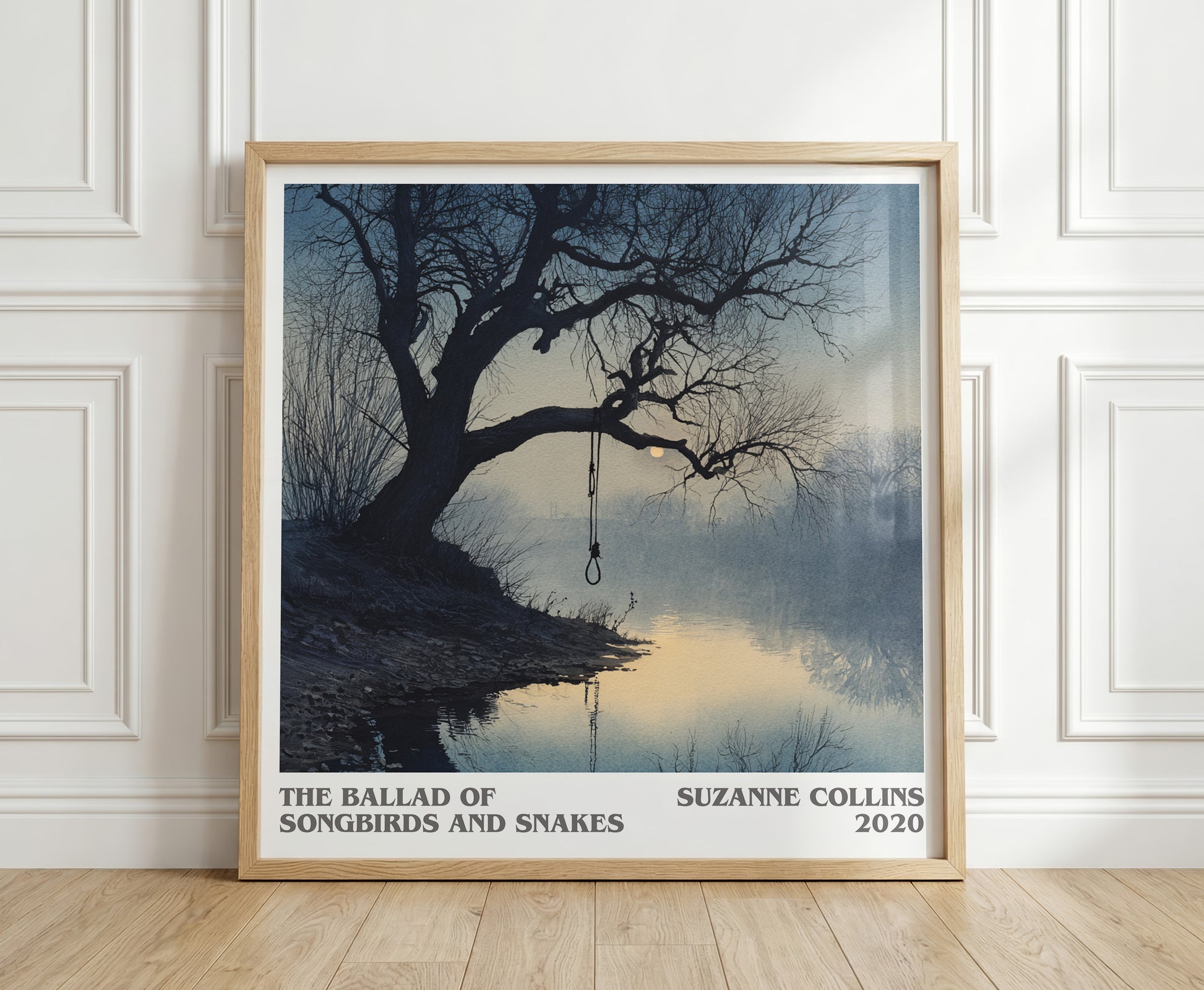 The Ballad of Songbirds and Snakes literary print in frame leaning in hallway – dystopian wall art