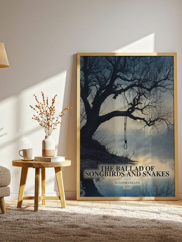 The Ballad Of Songbirds And Snakes watercolour print in frame leaning in hallway – young adult wall art