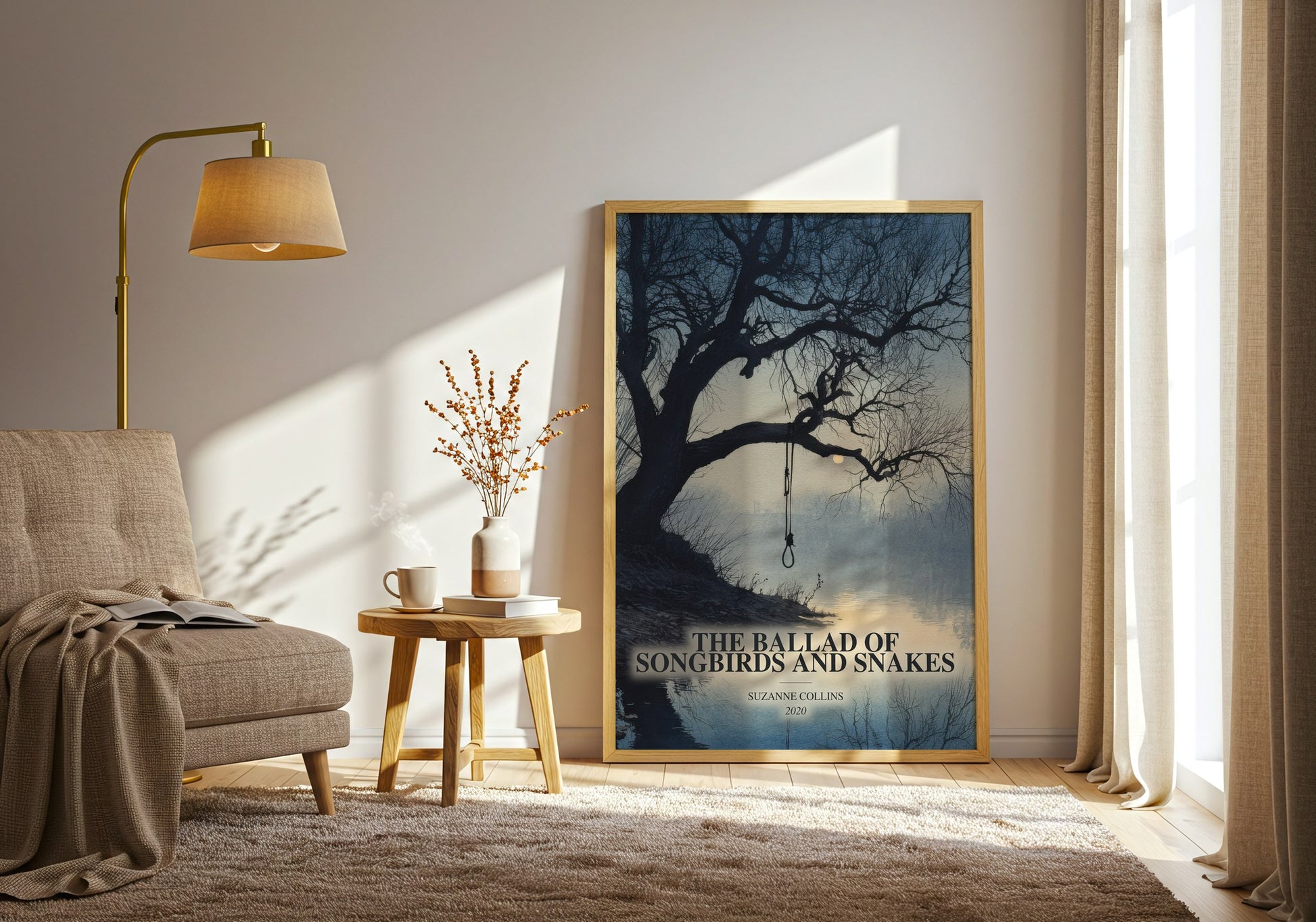 The Ballad Of Songbirds And Snakes watercolour print in frame leaning in hallway – young adult wall art