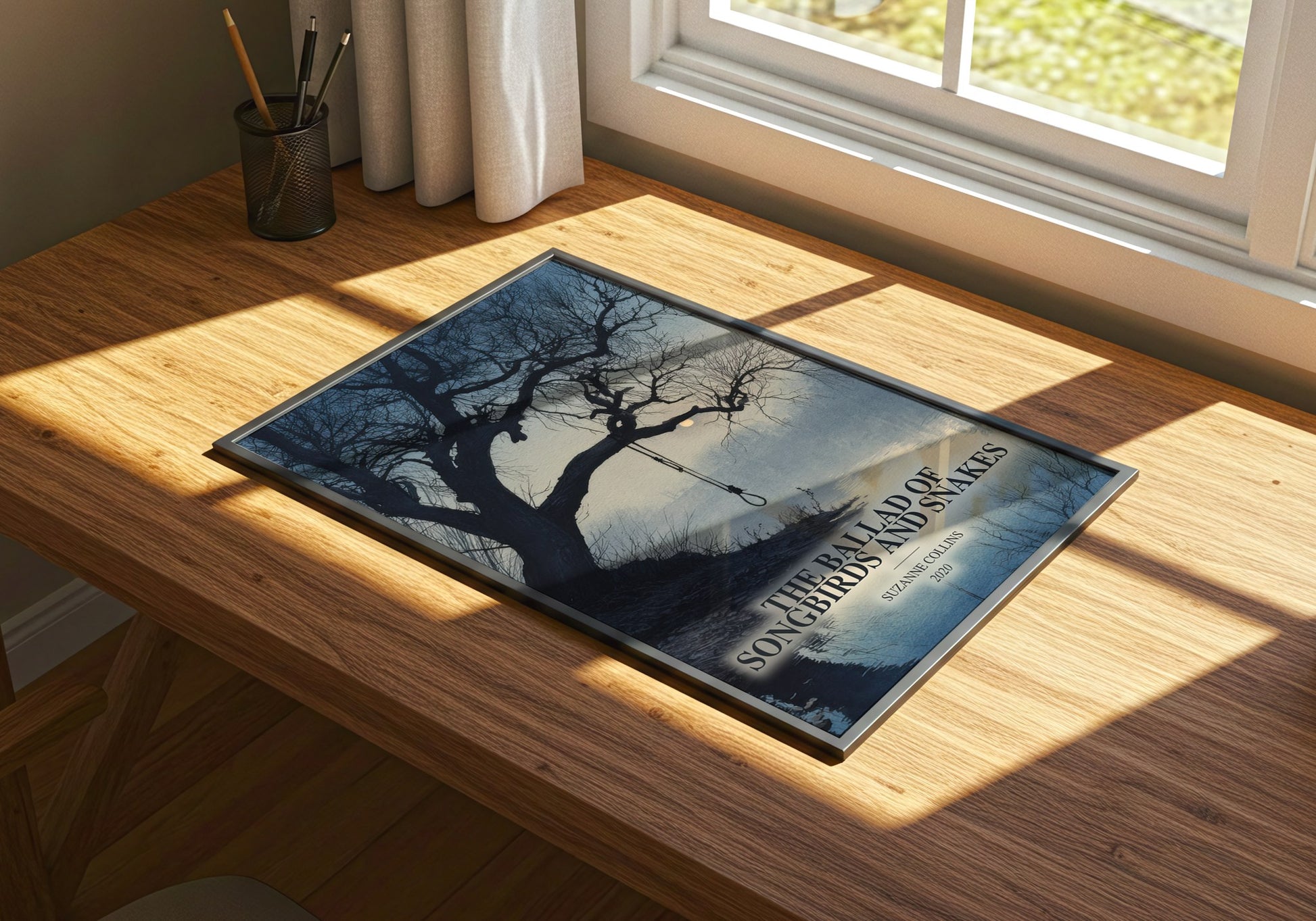The Ballad Of Songbirds And Snakes watercolour book poster framed on wall – young adult wall art