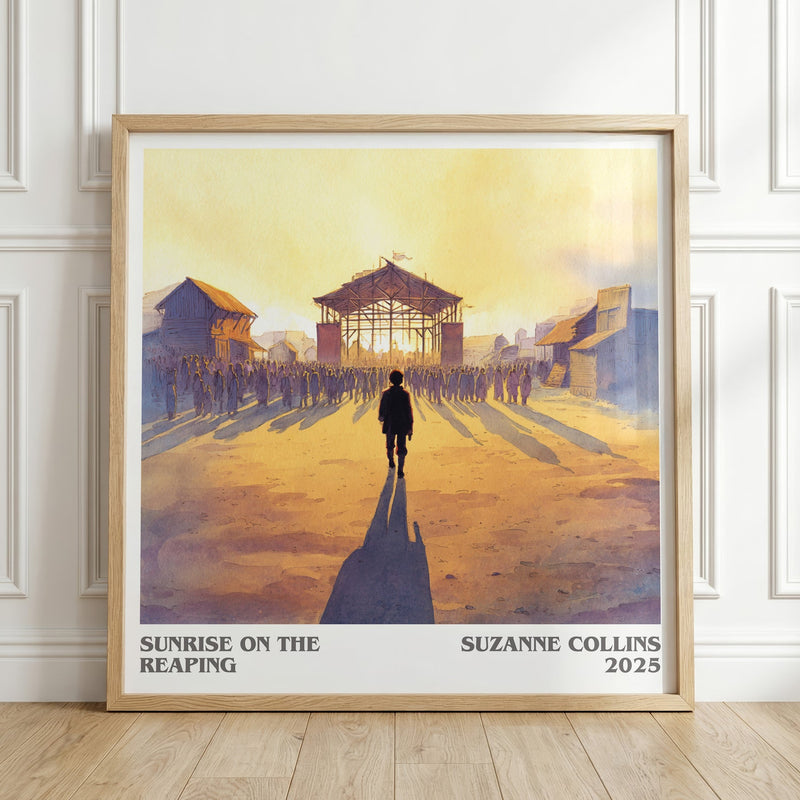 Sunrise on the Reaping literary print in frame leaning in hallway – dystopian wall art