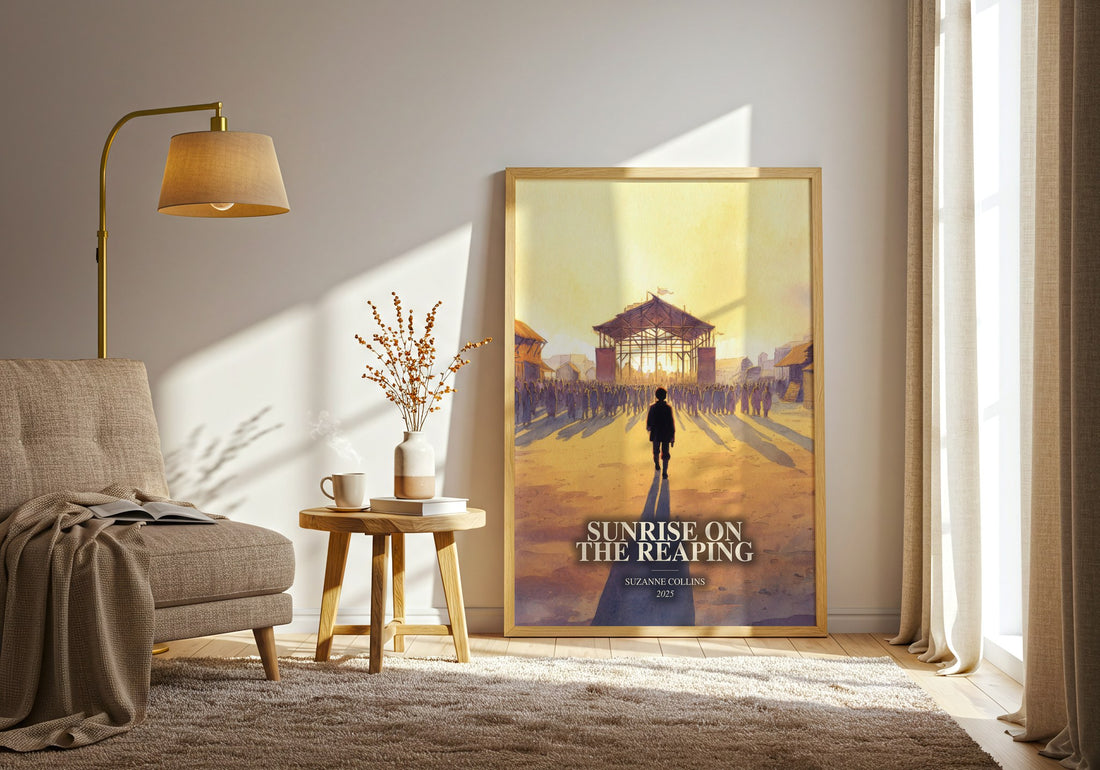Sunrise On The Reaping watercolour print in frame leaning in hallway – dystopian wall art (mockup)