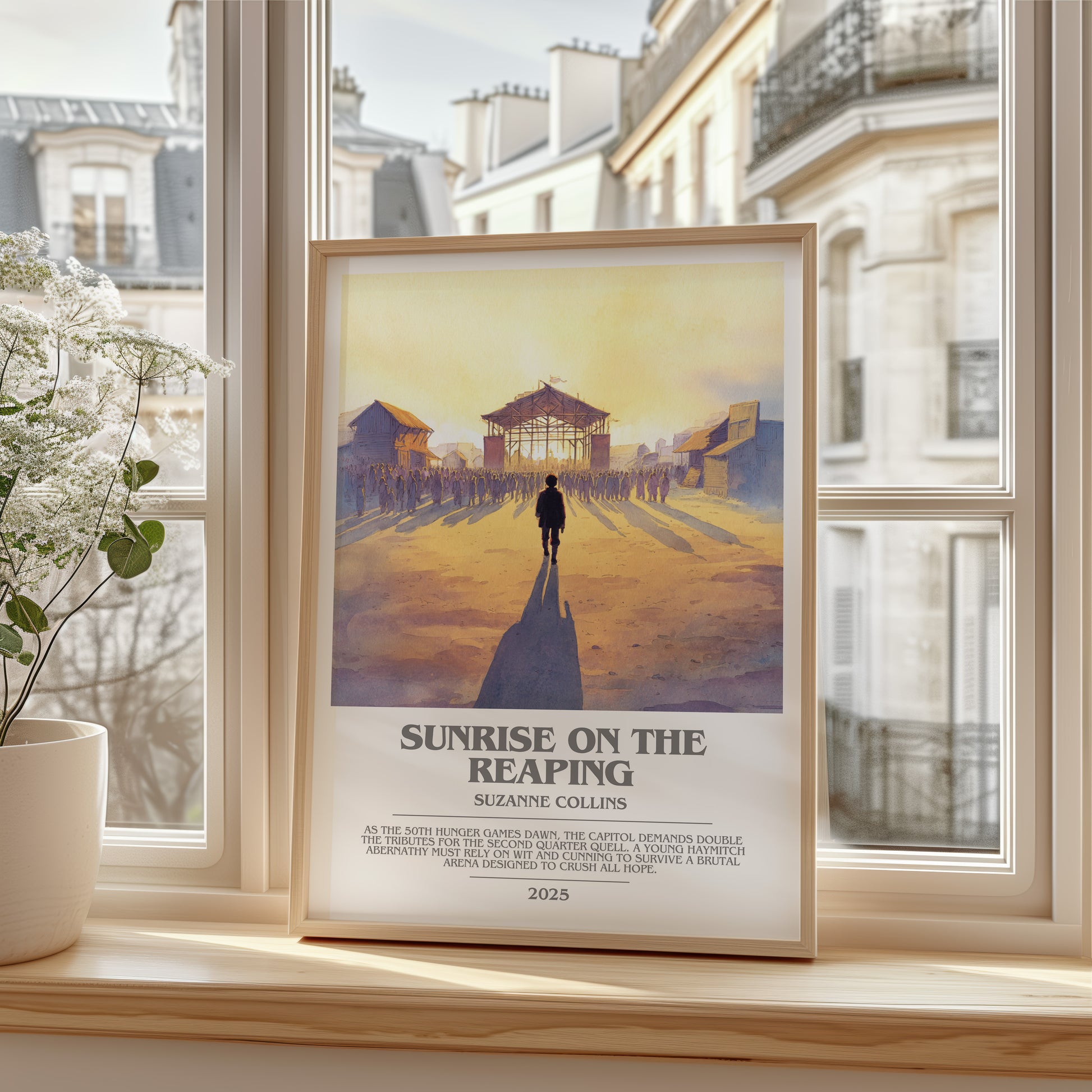 Sunrise on the Reaping bookish poster colour and style options – Suzanne Collins book art
