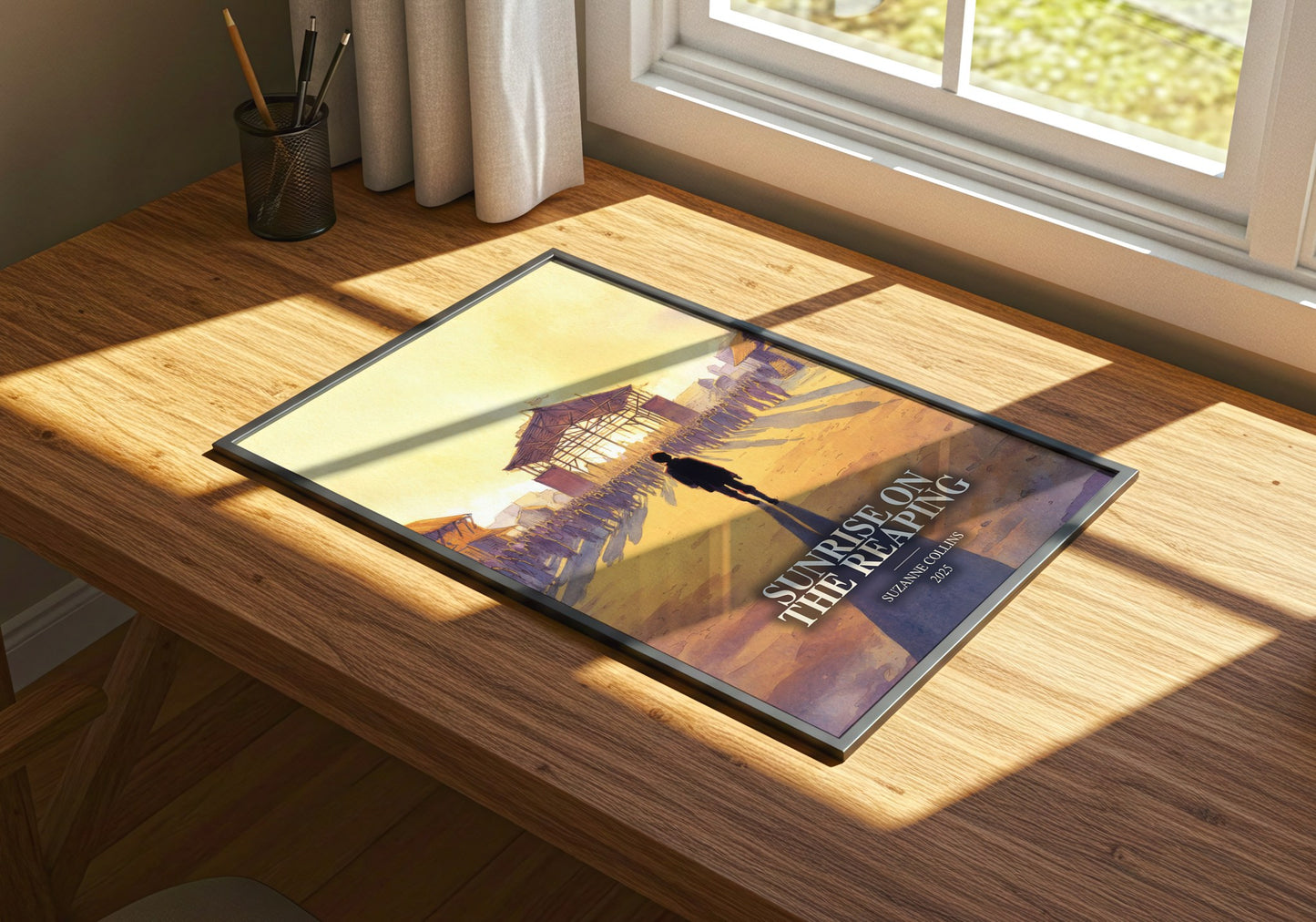 Sunrise On The Reaping watercolour book poster framed on wall – dystopian wall art