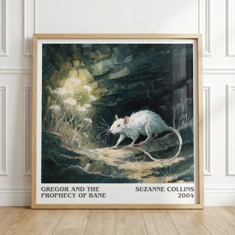 Gregor and the Prophecy of Bane literary print in frame leaning in hallway – fantasy wall art