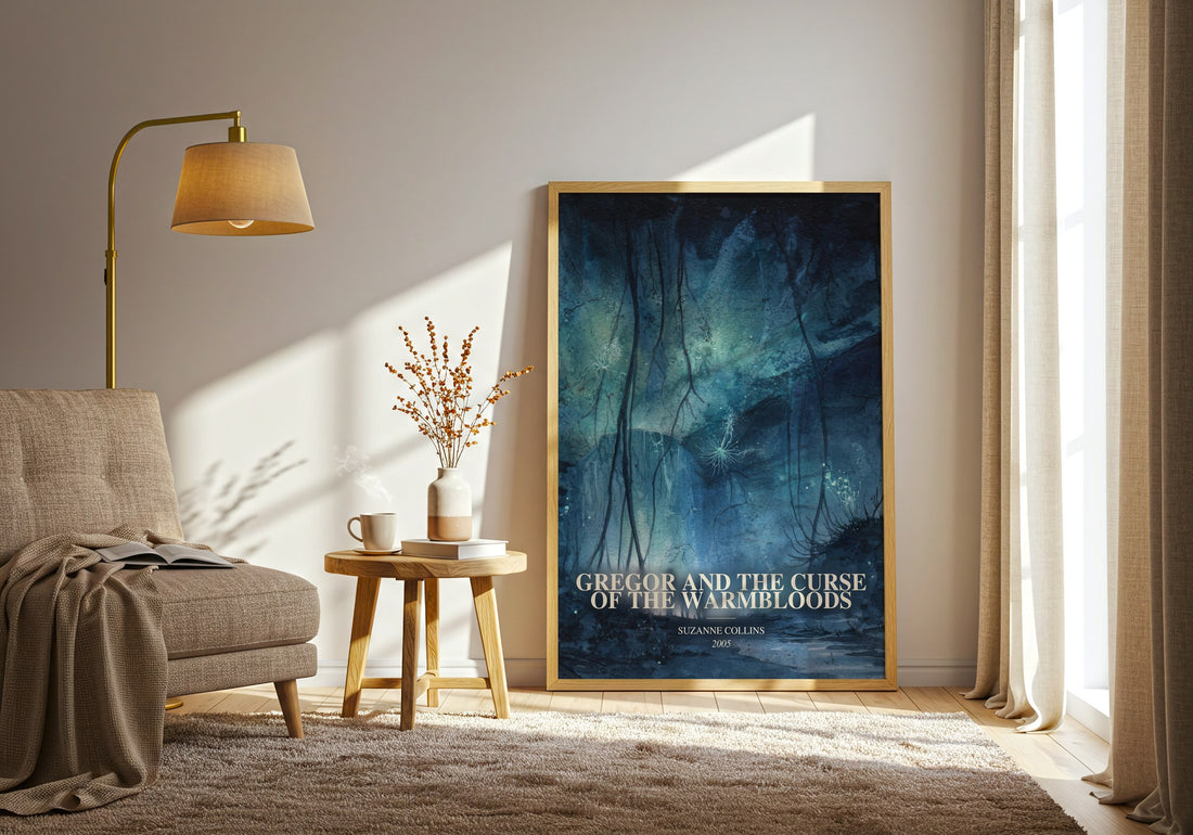 Gregor And The Curse Of The Warmbloods watercolour print in frame leaning in hallway – fantasy wall art (mockup)