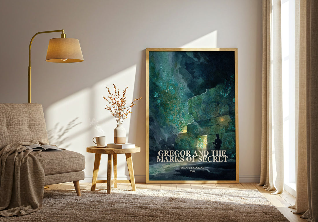 Gregor And The Marks Of Secret watercolour print in frame leaning in hallway – fantasy wall art (mockup)