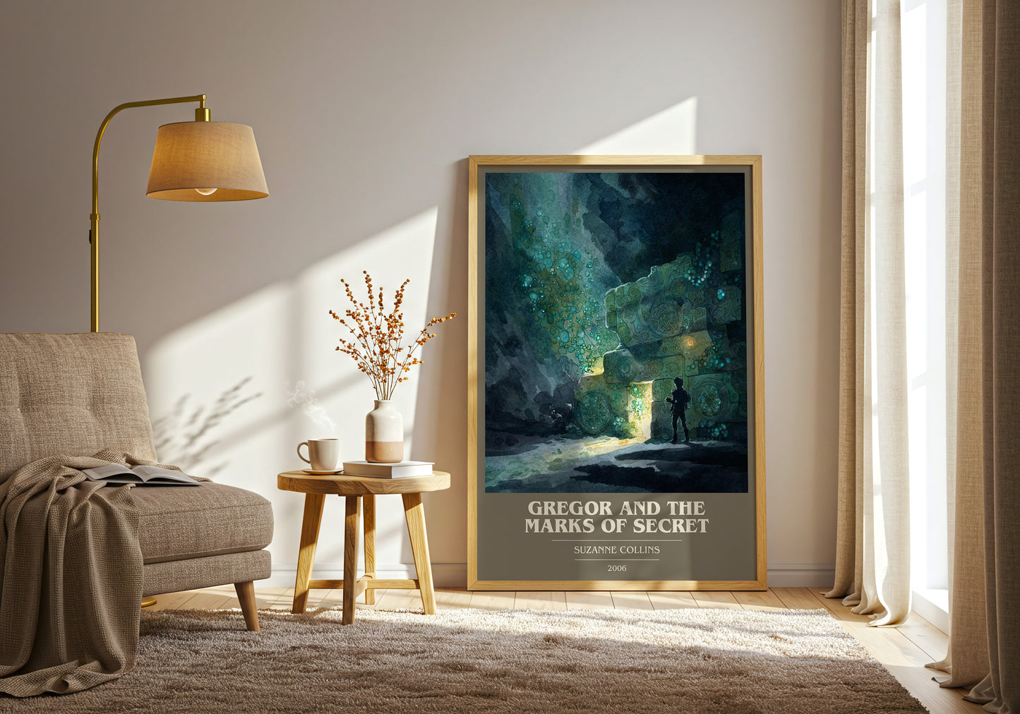 Gregor and the Marks of Secret book cover print framed by window – literary home decor