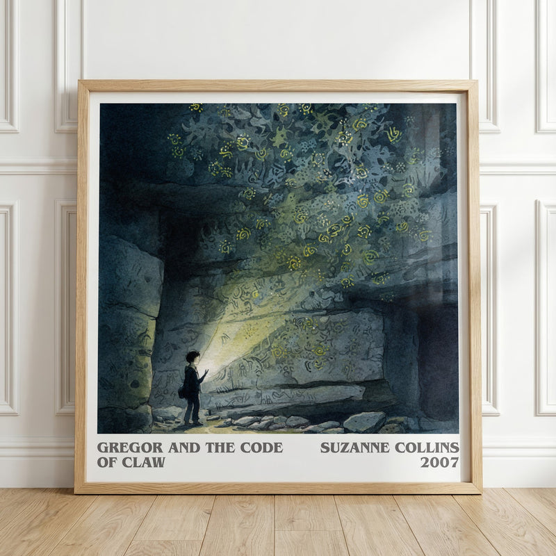 Gregor and the Code of Claw literary print in frame leaning in hallway – fantasy wall art