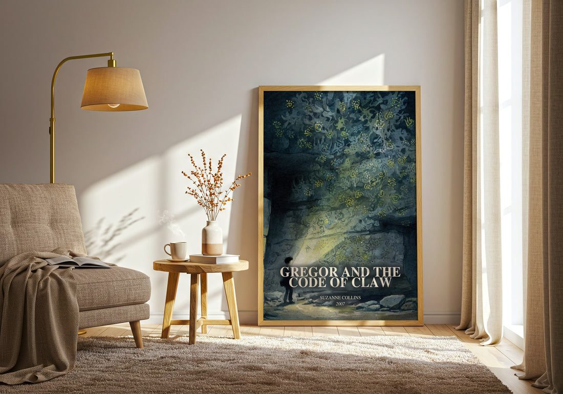 Gregor And The Code Of Claw watercolour print in frame leaning in hallway – fantasy wall art (mockup)