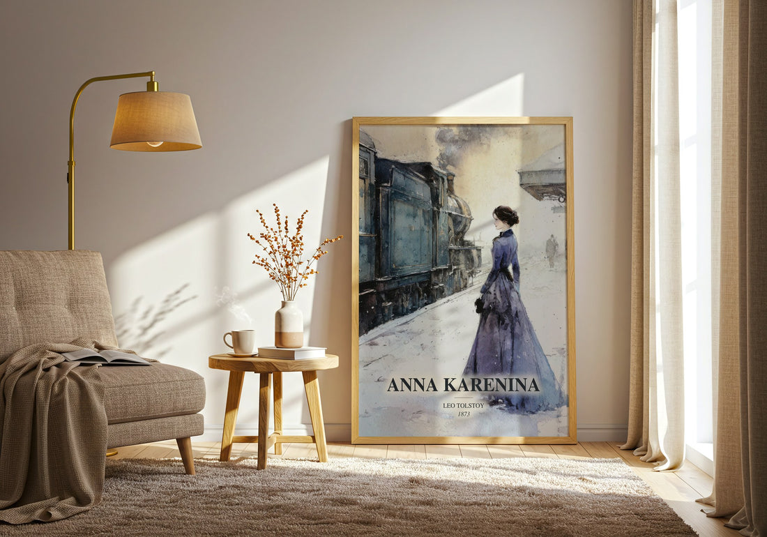 Anna Karenina watercolour print in frame leaning in hallway – classic literature wall art (mockup)