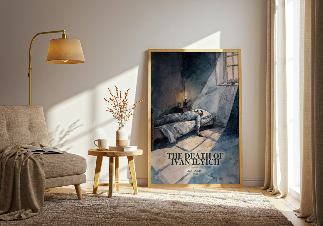The Death Of Ivan Ilyich watercolour print in frame leaning in hallway – literary fiction wall art (mockup)