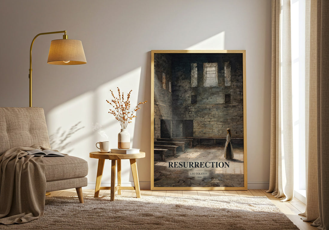 Resurrection watercolour print in frame leaning in hallway – classic literature wall art (mockup)
