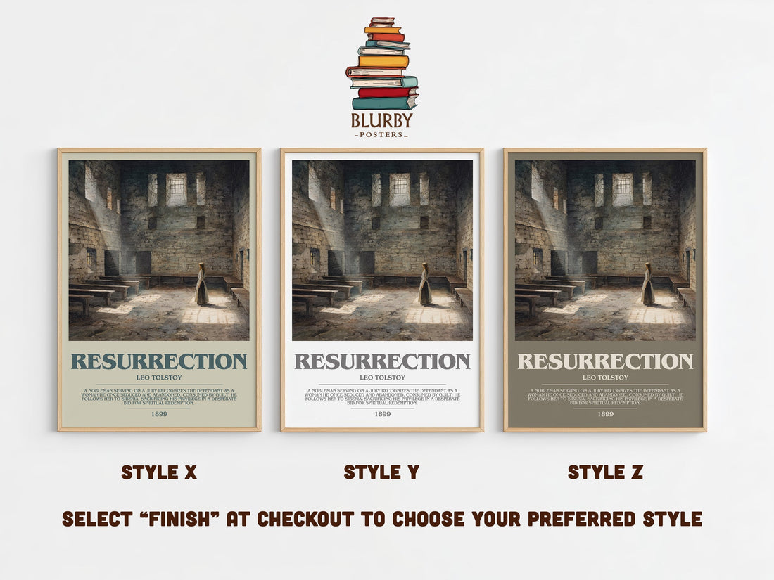 Resurrection bookish print in frame leaning in hallway – classic literature wall art (mockup)