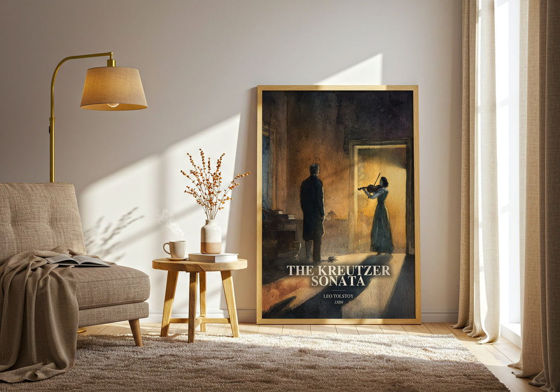 The Kreutzer Sonata watercolour print in frame leaning in hallway – literary fiction wall art (mockup)