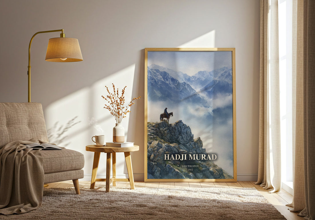 Hadji Murad watercolour print in frame leaning in hallway – historical fiction wall art (mockup)