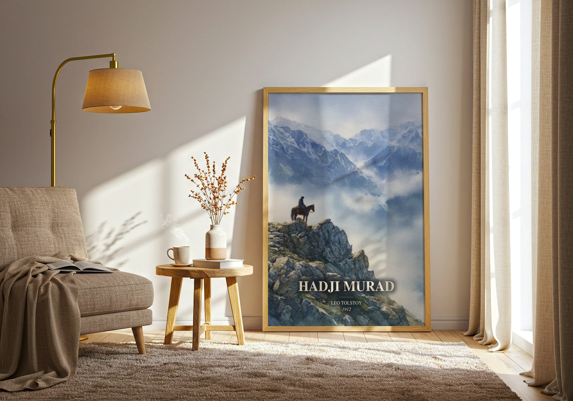 Hadji Murad watercolour print in frame leaning in hallway – historical fiction wall art