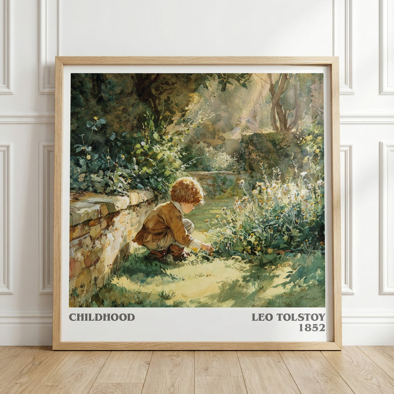 Childhood literary print in frame leaning in hallway – historical fiction wall art