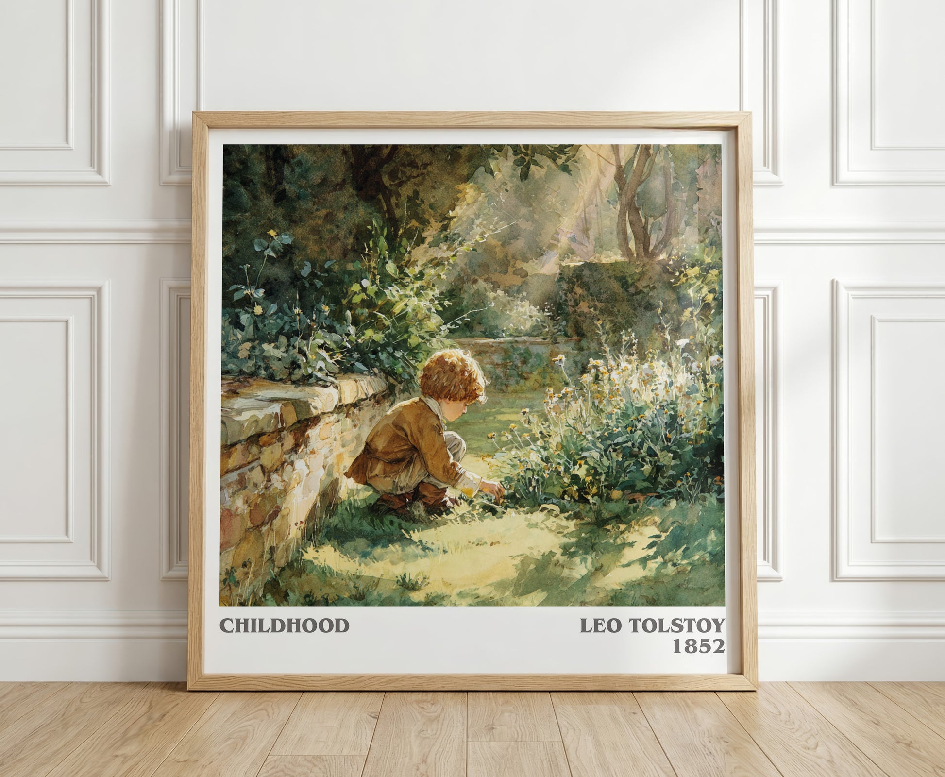 Childhood literary print in frame leaning in hallway – historical fiction wall art