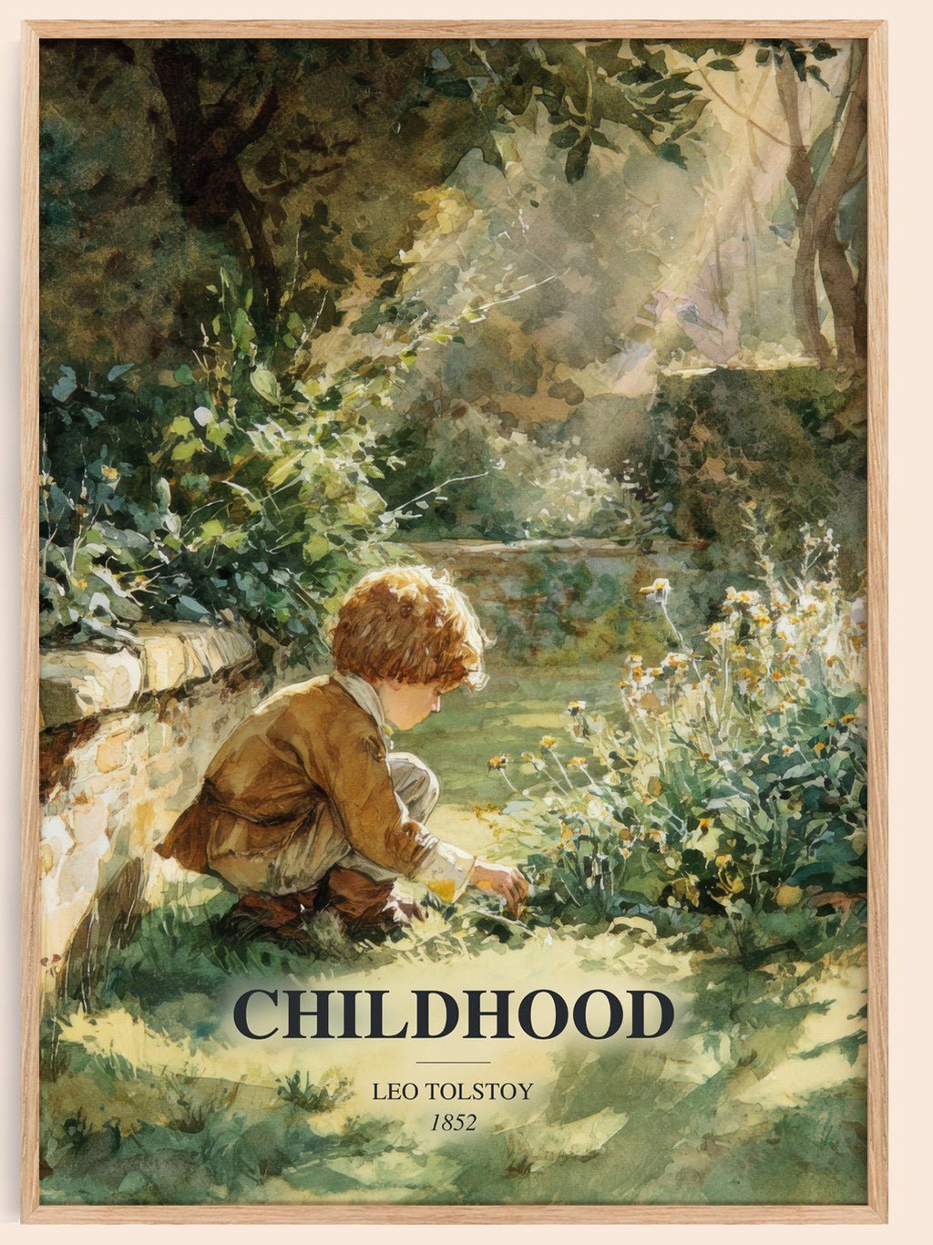 Childhood watercolour book poster by Leo Tolstoy – framed literary art print