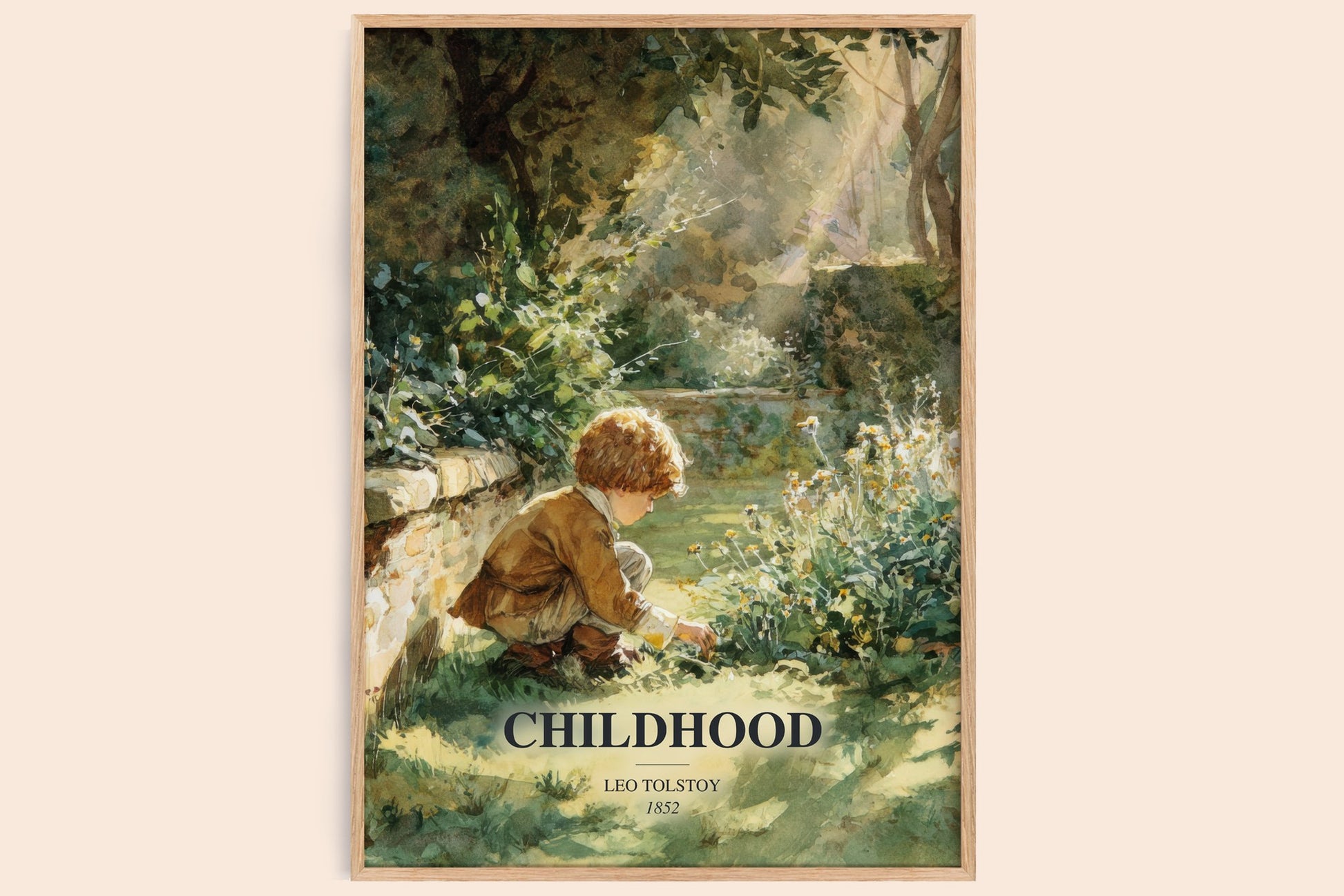 Childhood watercolour book poster by Leo Tolstoy – framed literary art print