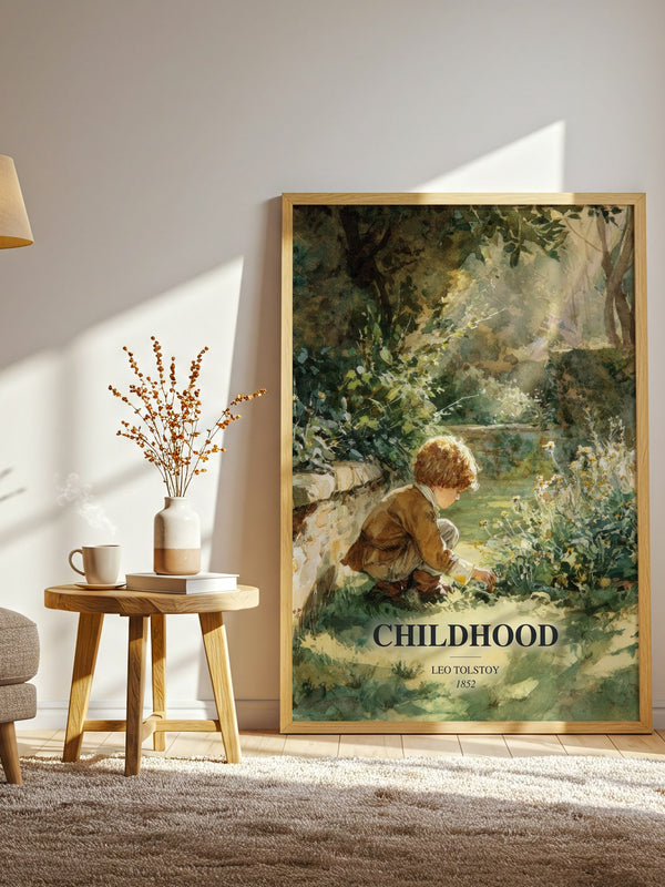 Childhood watercolour print in frame leaning in hallway – classic literature wall art