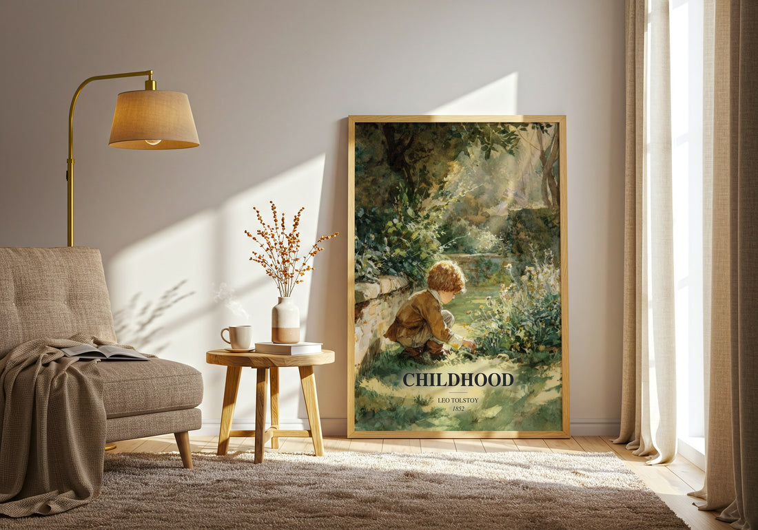 Childhood watercolour print in frame leaning in hallway – classic literature wall art (mockup)