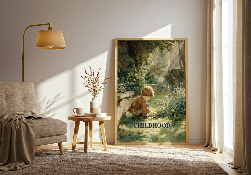 Childhood watercolour print in frame leaning in hallway – classic literature wall art